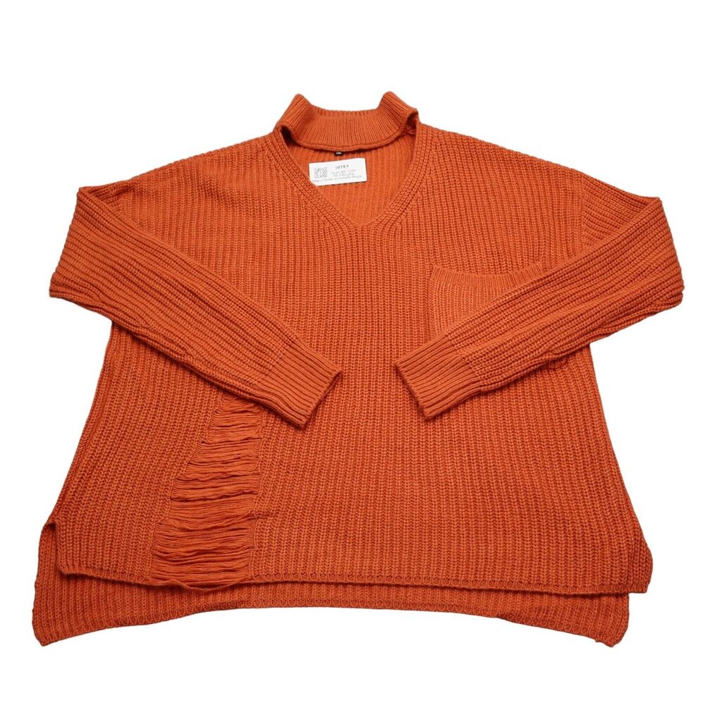 Sweet Sinful Sweater Womens L Orange Mock Neck Keyhole Knitted Pullover